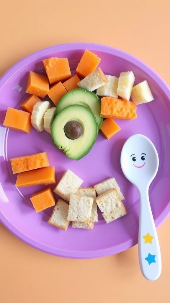 An assortment of nutritious baby snacks including mashed banana, avocado, sweet potatoes, and soft bread on a playful plate.